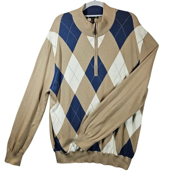 Glen Echo Mens Argyle Zip Pullover Sweater Size L Beige/Blue/White Golf Dad nerd - Picture 1 of 14